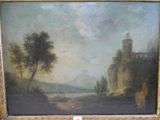 tableau représentant un paysage avec un château au loin et un homme à cheval au premier plan