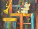 une peinture à l'huile représentant un tableau sur lequel figurent une chaise et une table, ainsi qu'une trompette