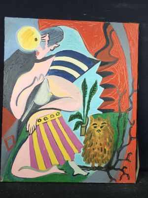 un tableau représentant une femme avec un hibou posé sur une table