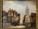 painting of a street scene with a church in the background