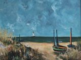 a painting of boats on the beach by the water