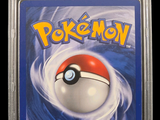 a pokemon card in a plastic holder on a black background