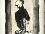 dessin représentant un homme en costume, en noir et blanc