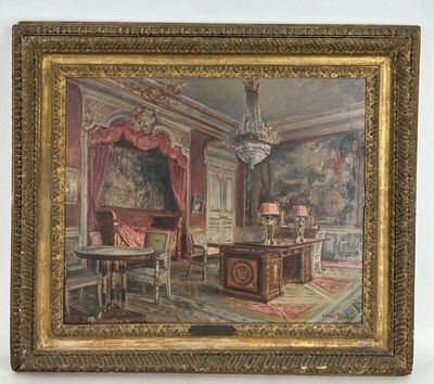 une image représentant un tableau montrant une pièce avec un bureau et un lustre