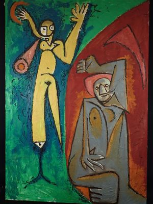 a painting of a man standing next to a man sitting on a chair