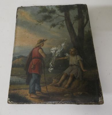 un tableau représentant un homme et une femme assis sur un rocher