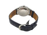 wrist watch with black leather strap and silver buckle