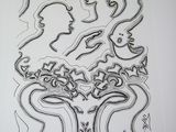 a black and white drawing of a woman and a man