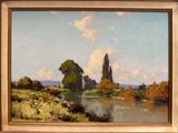 une peinture à l'huile représentant une rivière avec des arbres en arrière-plan