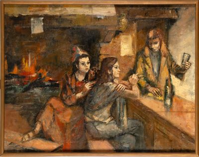 an image of a painting of two women sitting at a bar