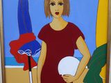un tableau représentant une femme tenant un ballon sur la plage