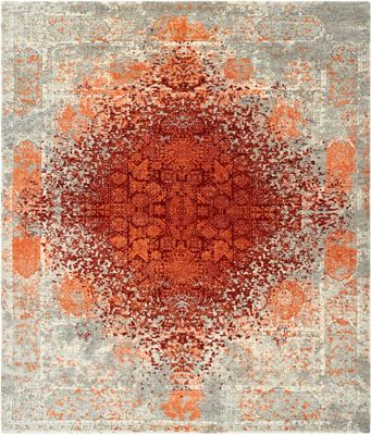 Tapis Moderne, noué main, fond blanc gris rouge 240 x 170