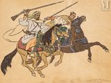 deux hommes à cheval, armés de lances