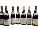 six bouteilles de vin sont alignées sur une surface blanche
