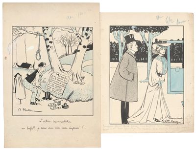 deux dessins représentant un homme et une femme debout devant un chien