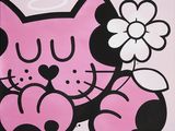 tableau représentant un chat avec une fleur sur fond rose