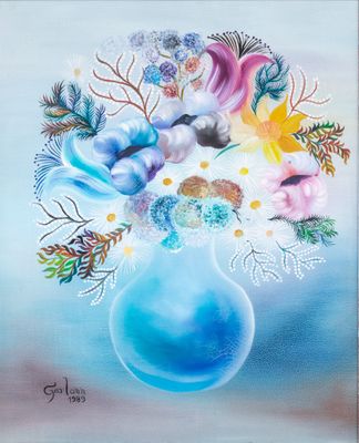 un tableau représentant un vase bleu contenant des fleurs