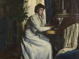 tableau représentant une femme assise à un bureau devant une fenêtre