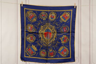 a blue and gold scarf hanging on a clothes line