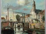 a painting of a boat on the water in front of a building