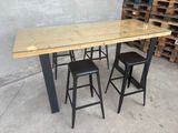 three stools sitting at a table with a wooden table top