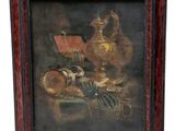 tableau représentant une nature morte avec un vase et d'autres objets posés sur une table