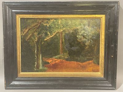 une image représentant un tableau représentant une scène boisée avec une vache rousse