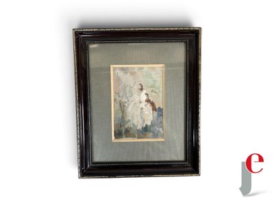 tableau représentant une femme en robe blanche et un homme en costume noir