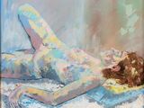 an oil painting of a woman laying on a bed with a dog
