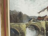 an oil painting of a man sitting on a bridge with a red umbrella