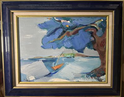 a picture of a painting of a boat on the water