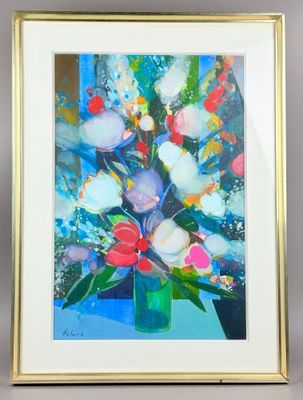 painting of a vase of flowers on a table in a gold frame