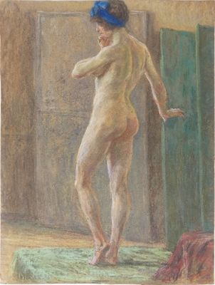 une image représentant un tableau d'une femme nue debout devant une porte