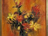 une peinture à l'huile représentant un vase avec des fleurs sur une table