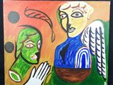 tableau représentant un ange et une femme tenant un bol de nourriture