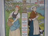 affiche représentant une femme tenant un panier de fruits devant une statue