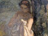 an oil painting of a woman leaning against a tree in a field