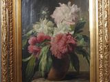 painting of pink and white flowers in a vase on a table
