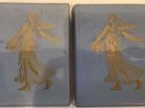 two blue and gold book covers with gold designs on them