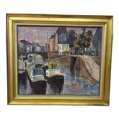 peinture de bateaux amarrés dans un port avec des bâtiments en arrière-plan