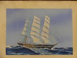 painting of a sailing ship in the ocean with a sky background