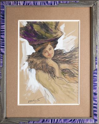 tableau représentant une femme coiffée d'un chapeau, dans un cadre en bois