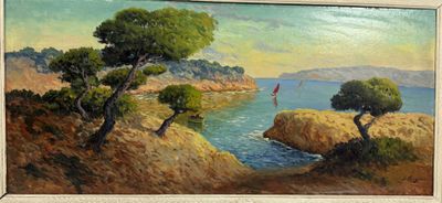 un tableau représentant un homme debout sur une falaise au bord de l'eau