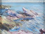 peinture au pastel représentant une plage rocheuse avec un océan et un ciel bleus