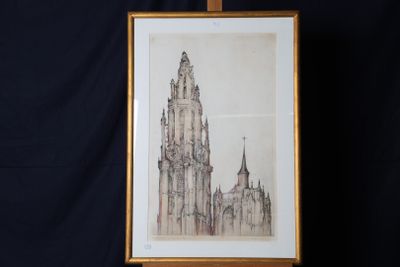 dessin représentant un grand bâtiment surmonté d'une tour horloge