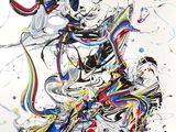 peinture abstraite représentant une femme à moto, avec de nombreuses lignes colorées