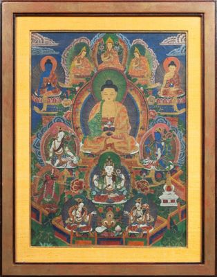 une peinture représentant un Bouddha assis en position du lotus, entouré d'autres bouddhas