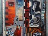 peinture représentant une peinture d'une femme et d'un chat accrochée au mur