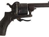 an old gun with a wooden barrel on a white background