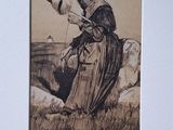 drawing of a woman sitting in a field with a bird in her hand